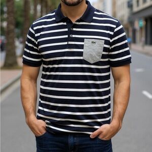 Lacoste Men's Striped Polo Shirt Navy White Gray Regular Fit Size 7 Cotton